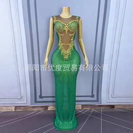 精致bling水钻修身网纱礼服欧美酒会派对礼服时装秀舞台长裙赤金
