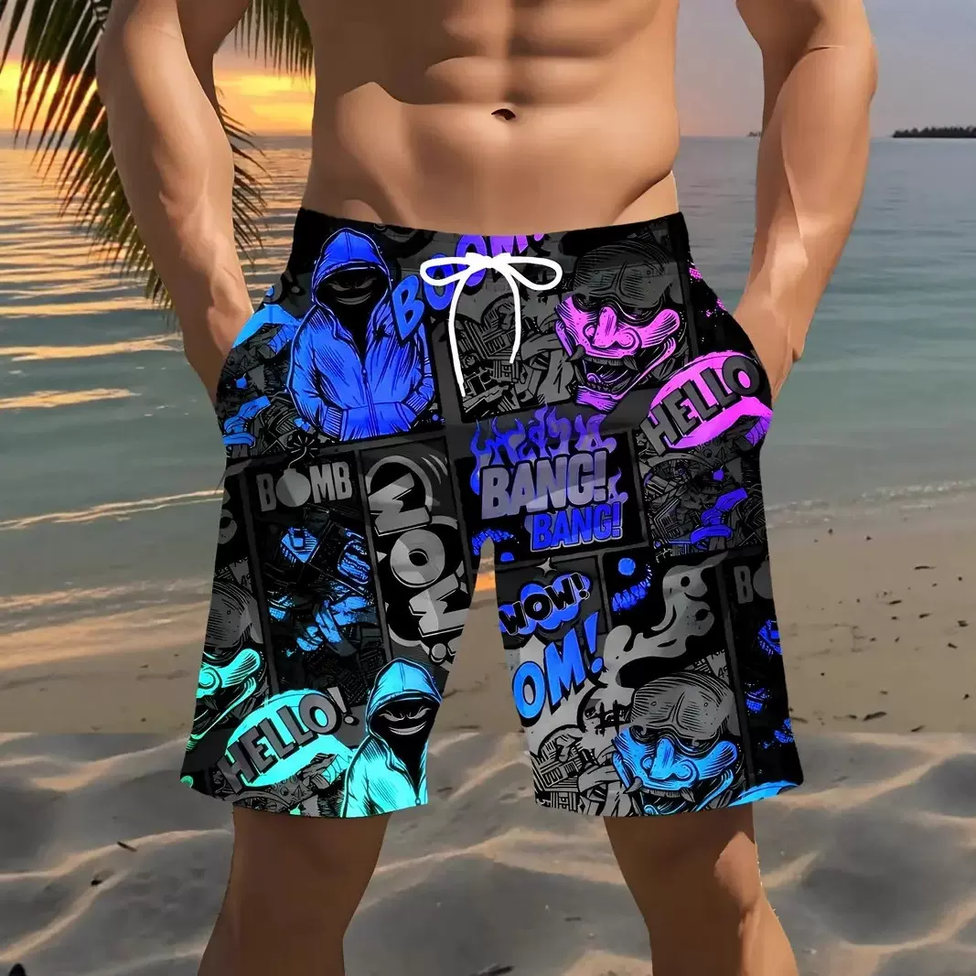 2025夏季新款个性时尚男士3D数码印花宽松沙滩裤外出休闲短裤