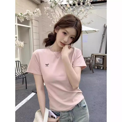 Women's Fitted Short-Sleeve Spring and Summer Korean Style Regular Shoulder Round Neck Butterfly Knot Design Fitted and Slimming T-Shirt