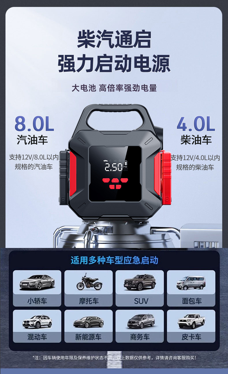 Car emergency start-up air pump all-in-one device 12V power supply with power bank for vehicle tire emergency jump-starting tool