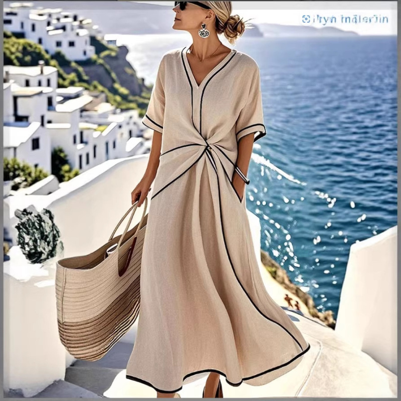 2026 European and American Amazon V-Neck Women's Fashionable and Elegant Workwear Printed Striped Comfortable Dress for Women 2026 European and American Amazon V-Neck Women's Fashionable and Elegant Workwear Printed Striped Comfortable Dress for Women