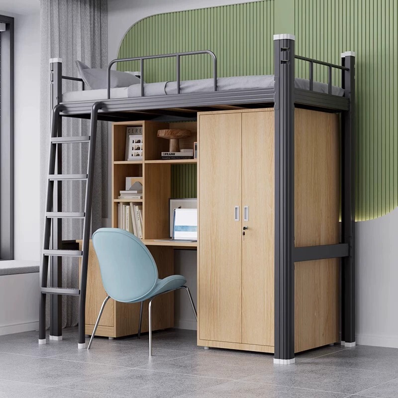 School Dormitory Bunk Bed with Integrated Upper and Lower Beds, Thickened and Reinforced Staff Dormitory Bunk Bed with Upper and Lower Cabinets, Apartment Iron Loft Bed