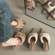 绒面百搭女生尖头毛毛拖鞋外穿秋冬季时尚增高气质坡跟一字拖潮流