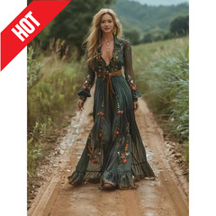 2025 ヨーロッパとアメリカの女性服 Amazon 独立したステーション長袖プリントロングドレスシャツカラーロングドレス