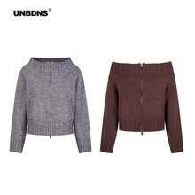 UNBDNS复古慵懒风一字肩拉链毛衣开衫女秋冬显瘦露肩针织衫短外套