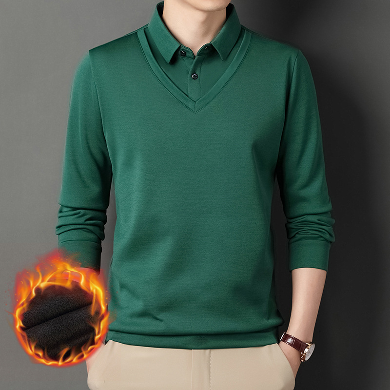 Fleece-forrado cálido falso suéter de dos piezas de los hombres de mediana edad engrosada suéter de solapa papá superior entrega de una pieza
