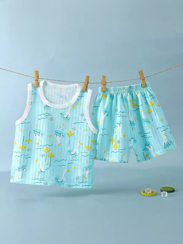 Children's summer jacquard cotton vest and shorts set new style sleeveless cartoon breathable children's clothing trend