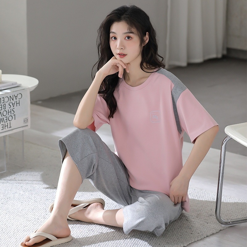【工場直販】2025年純綿パジャマ夏レディース半袖ゆったり薄手クロップドパンツ韓国風夏|undefined