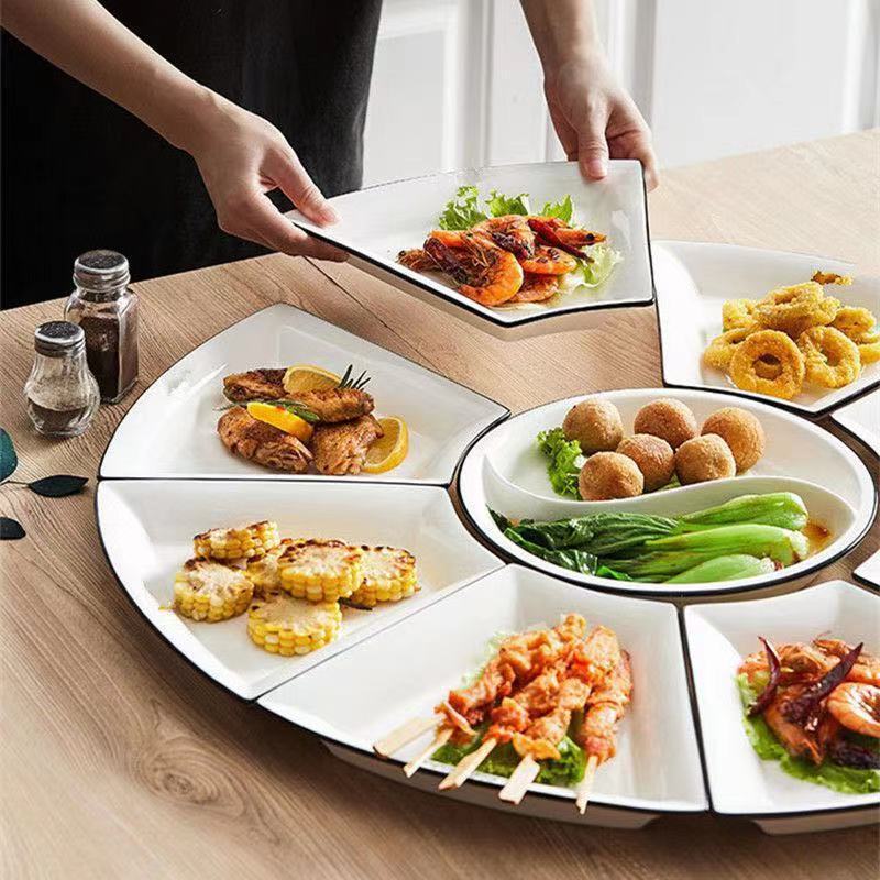 Ceramic Large Platter Set of 9 Pieces, New Year Reunion Hot Pot Tableware Set, Creative Dish and Plate Set