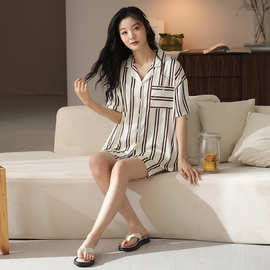 夏季新款翻领冰丝少女开衫休闲简约家居服短袖短裤套装一件代发