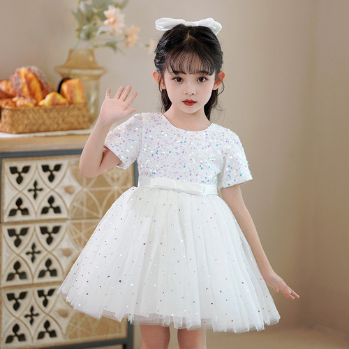 Children's dress mesh sequins fluffy princess dress flower girl dress host dress piano performance short-sleeved summer