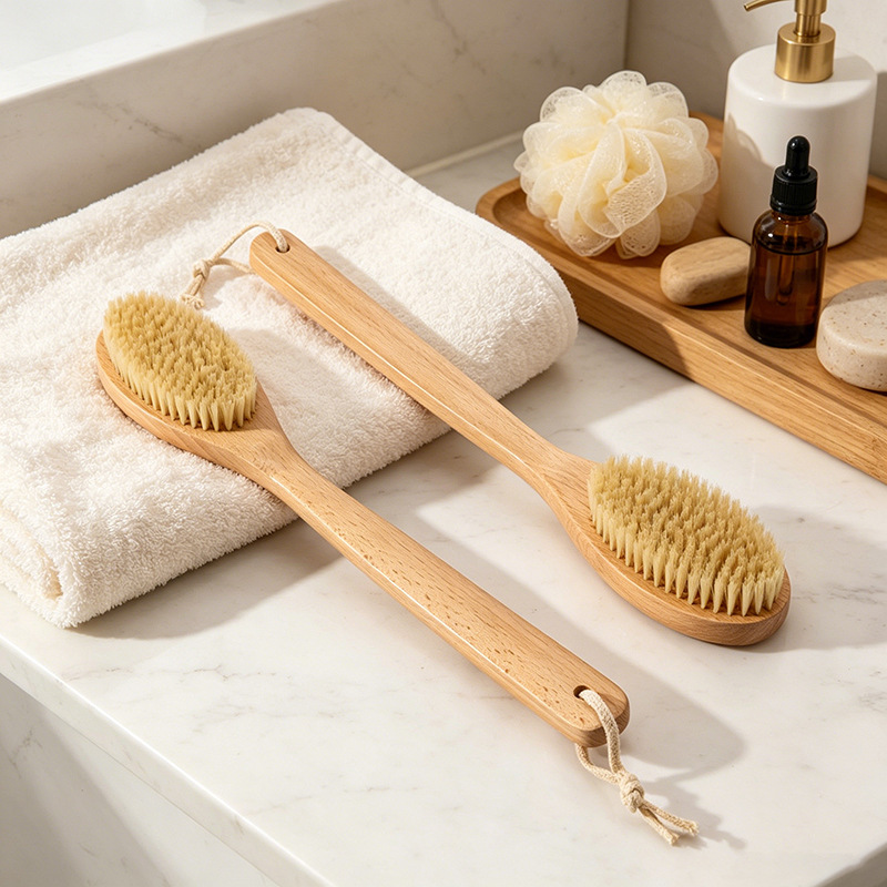 Cepillo de baño de madera maciza con mango largo y curvo, cepillo de masaje transfronterizo, cepillo exfoliante, cepillo de ducha, artículos de uso diario, cepillo para espalda con mango de madera