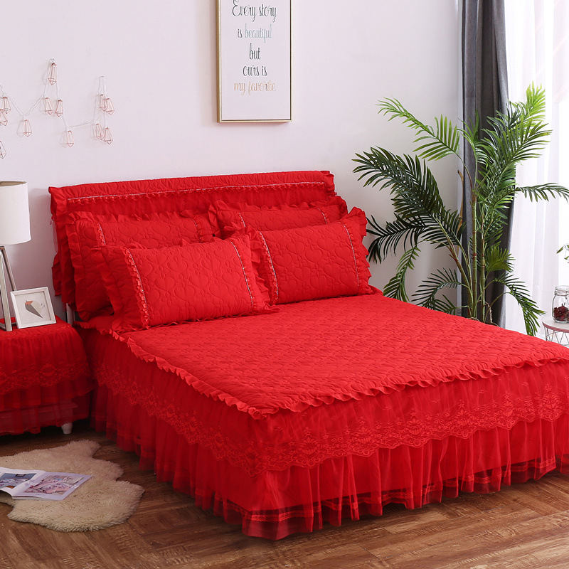 5YA1 Korean Version Princess Bedspread Wedding Celebration Deep Red Thick Fleece Single Lace Solid Color Bed Cover Bed Set Single