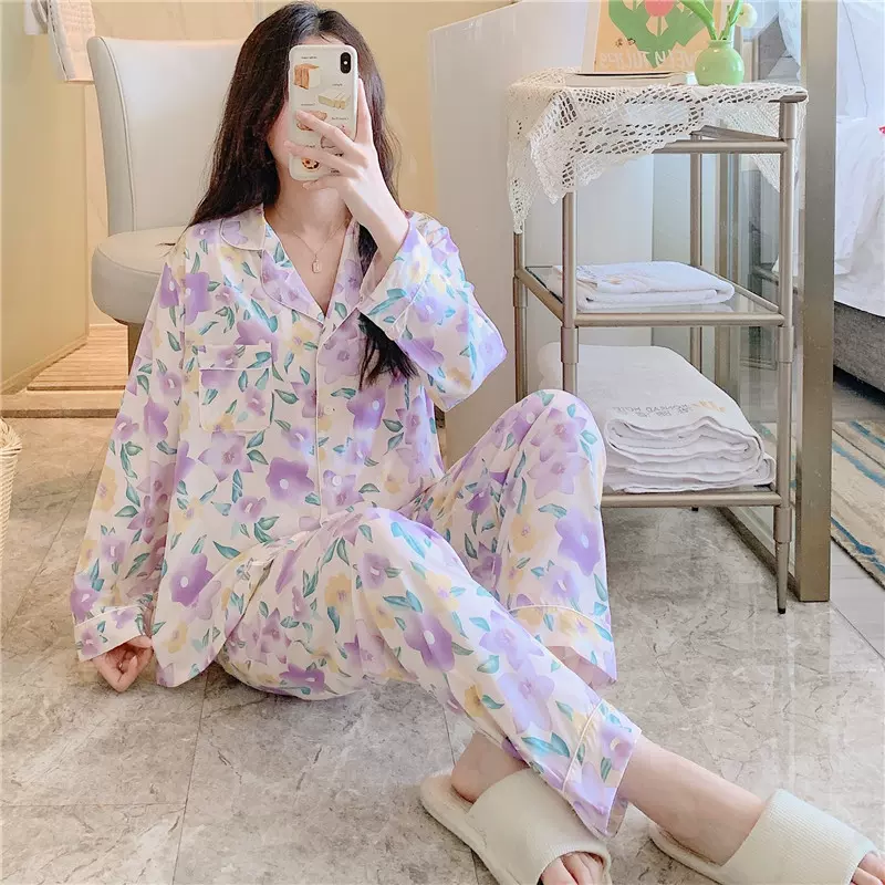 新款人造棉春秋季女士睡衣韩版开衫长袖两件套夏天棉绸薄款家居服