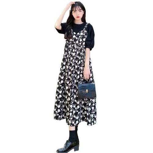 Gentle Wind False Two-Piece Strap Dress, Loose Hiding Fat, Floral Long Dress for Children and Girls in Summer