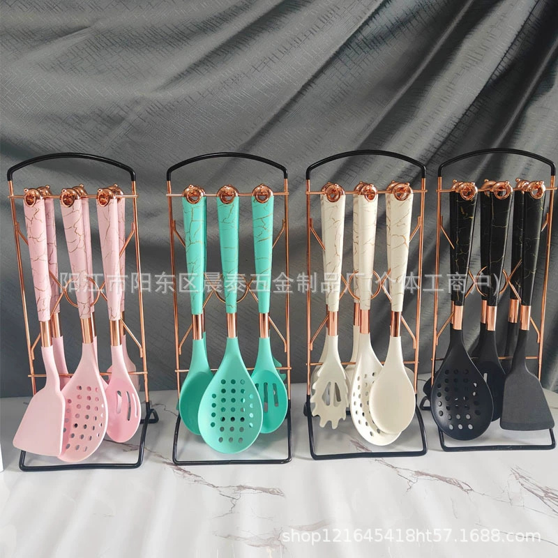 Набор силиконовых кухонных принадлежностей из 7 предметов, антипригарная лопатка, ложка для детского питания, с подставкой для хранения, защита от ожогов