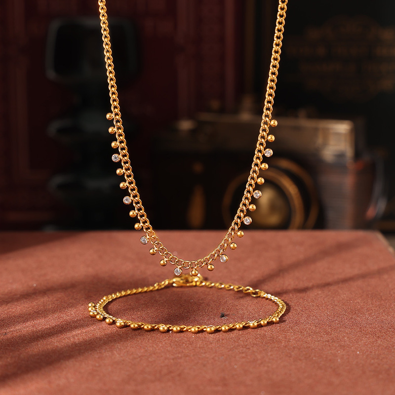 Amazon Round Bead Spacer Diamond-Studded Tassel Necklace Bracelet Titanium Steel Plated with 18K Real Gold New Set Zara Same Style