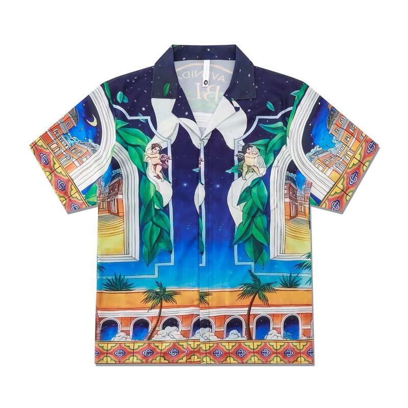 INS High Street Light Luxury Little Angel Shirt Short-sleeved Men's Spring and Summer European and American Youth Casual Couple Cuban Collar Shirt INS High Street Light Luxury Little Angel Shirt Short-sleeved Men's Spring and Summer European and American Youth Casual Couple Cuban Collar Shirt