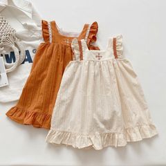 女童花邊飛袖連衣裙夏裝新款洋氣韓版繡花日系風女孩公主裙子0027