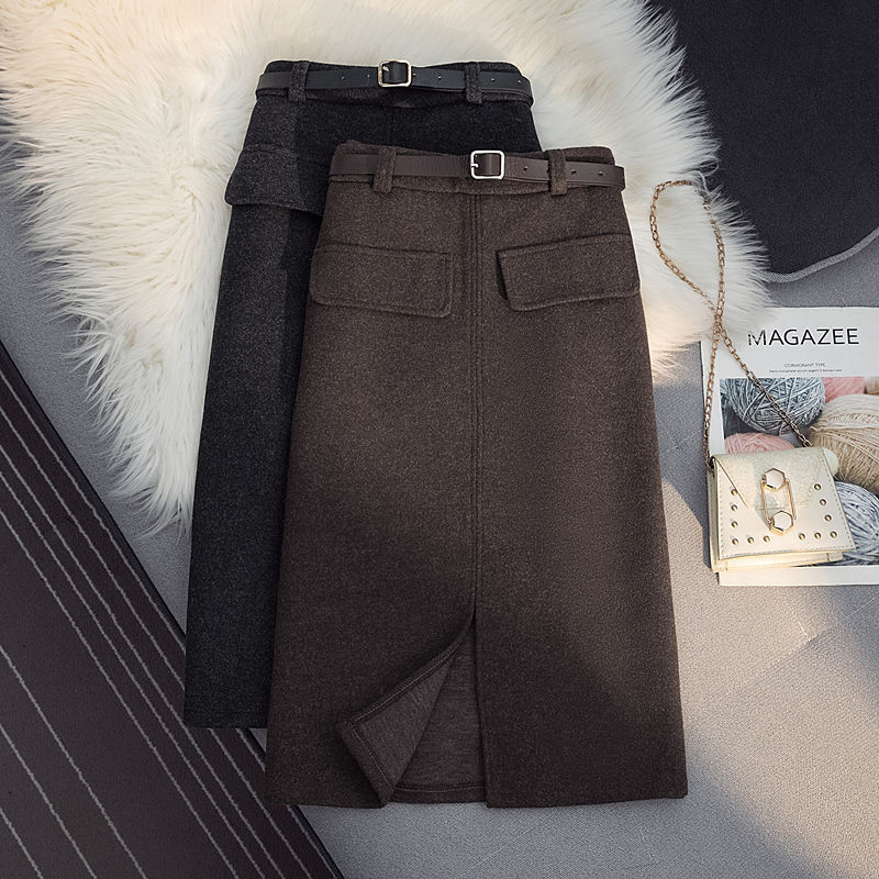 Woolen skirt mid-length autumn and winter new Korean version high waist slim hip-pack skirt thickened one-step skirt for women