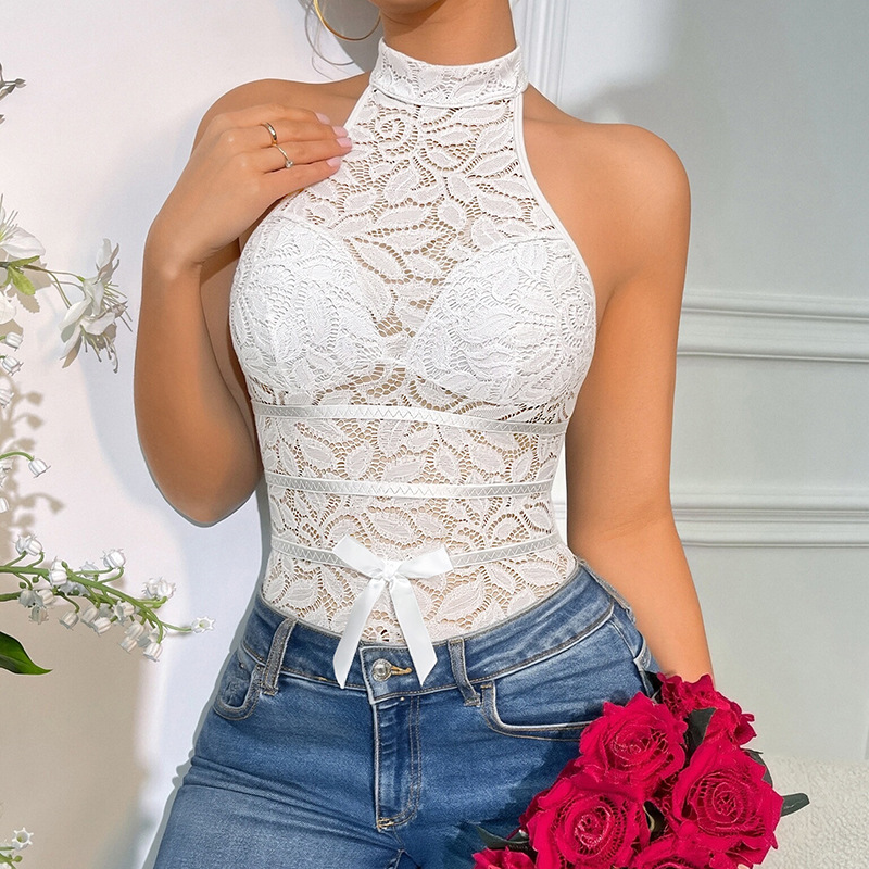 Transfronterizo Europa y América camiseta de encaje hueco perspectiva cuello colgante ropa de mujer de verano vestido camiseta post-cirugía