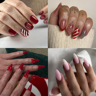 2024 Christmas Wear Armor Snowflake Love Snowman Nail Art Short Almond Bow Europe and America Long Nail Pieces Wholesale