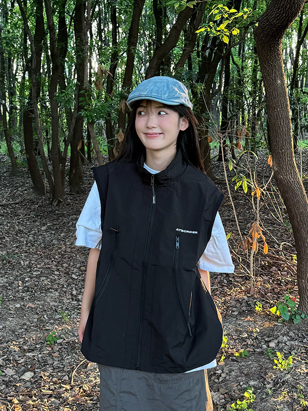 여름 일본 복고풍 멀티 포켓 트렌디 루즈 지퍼 캐주얼 스탠드 칼라 소년 소녀용 민소매 기능성 조끼
