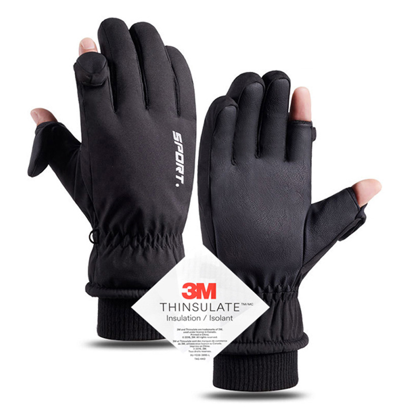 Winter ski gloves men's windproof waterproof touch screen warm gloves fleece-lined thickened cold-proof two-finger riding gloves