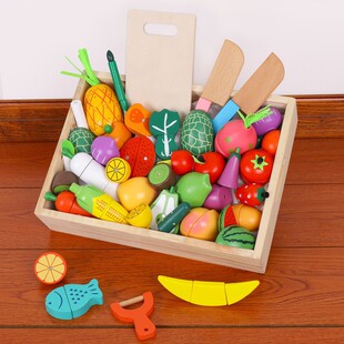 Children's toys baby birthday simulation large wooden box vegetables and fruits cut to see boys and girls play house suit combination