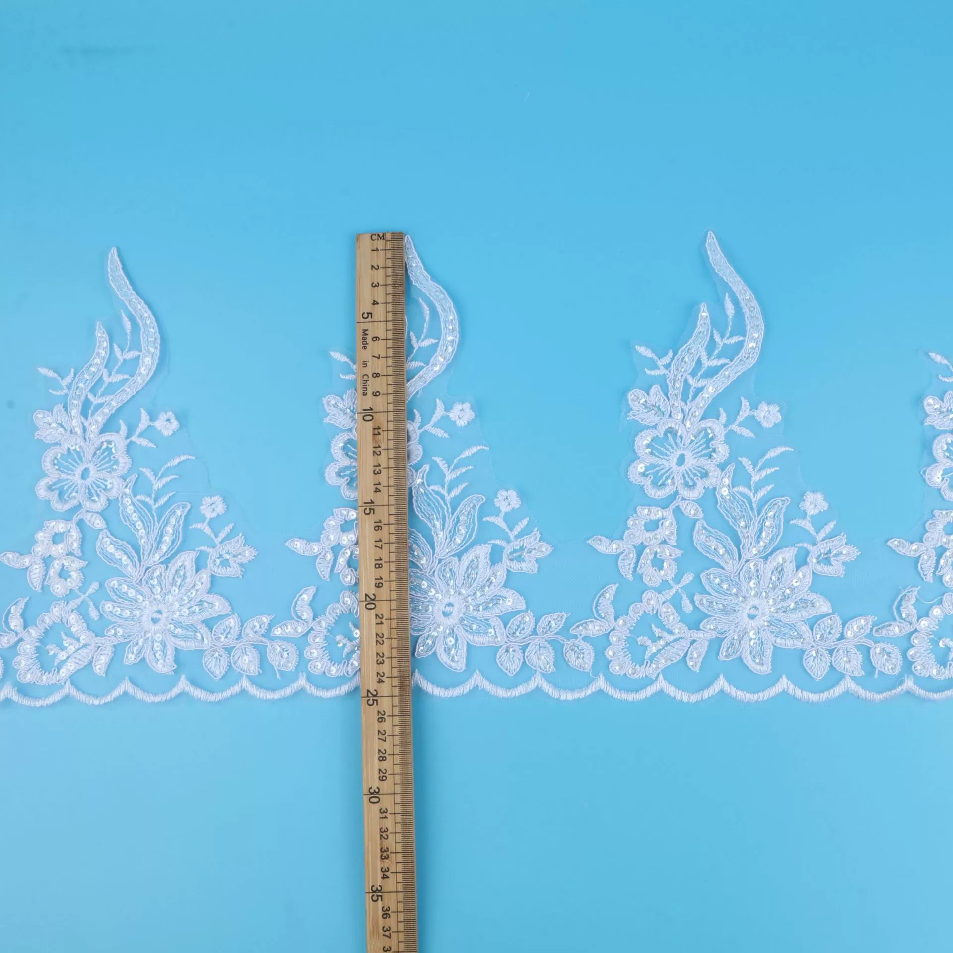 Lace sequin trim applique, bridal accessory, 26 см width, bleached/crystal or white transparent