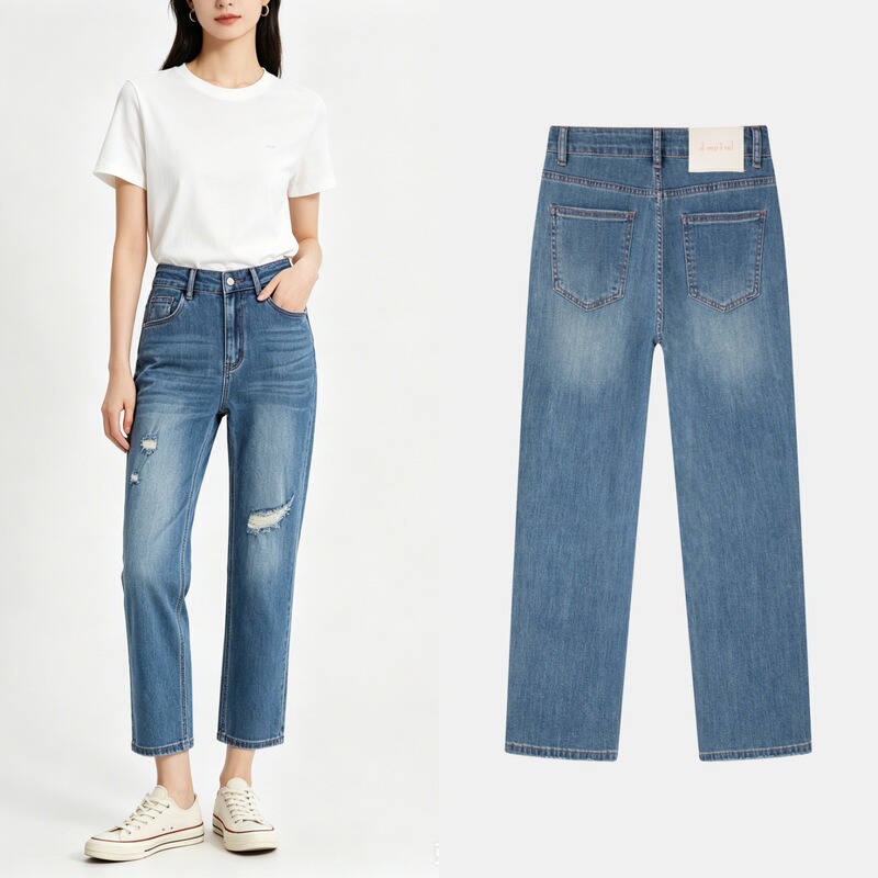 Blue Tencel Ripped Design Jeans for Women, Summer 2026, High-Waisted, Slimming, Low-Stretch Baguette Pants, Cropped Length for Petite Figures