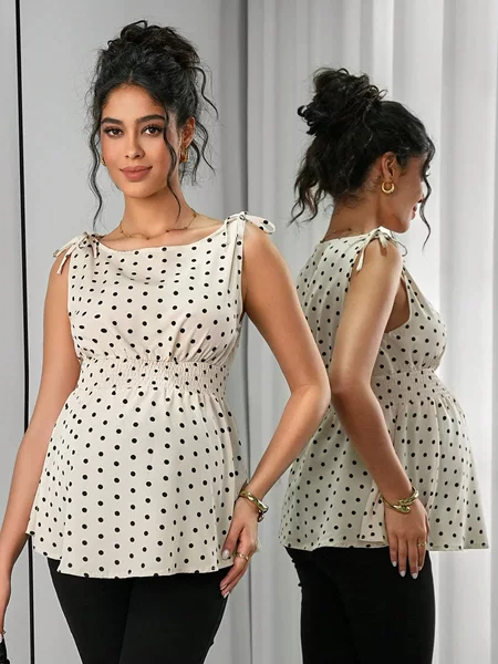 Cross-Border European and American Maternity Wear 2026 Spring/Summer New Polka Dot Print Top with Tie A-Line Maternity Camisole