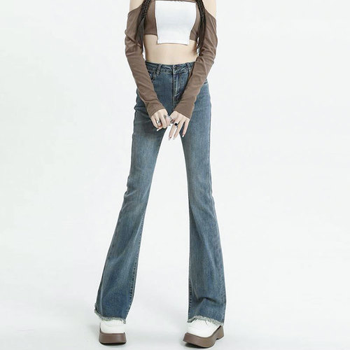 Women's Fashionable Tall Waist Slimming Horsehoe Pants, Denim Micro-Ripple, Retro Elastic Fringe Bell Bottom Pants for Petite Figures