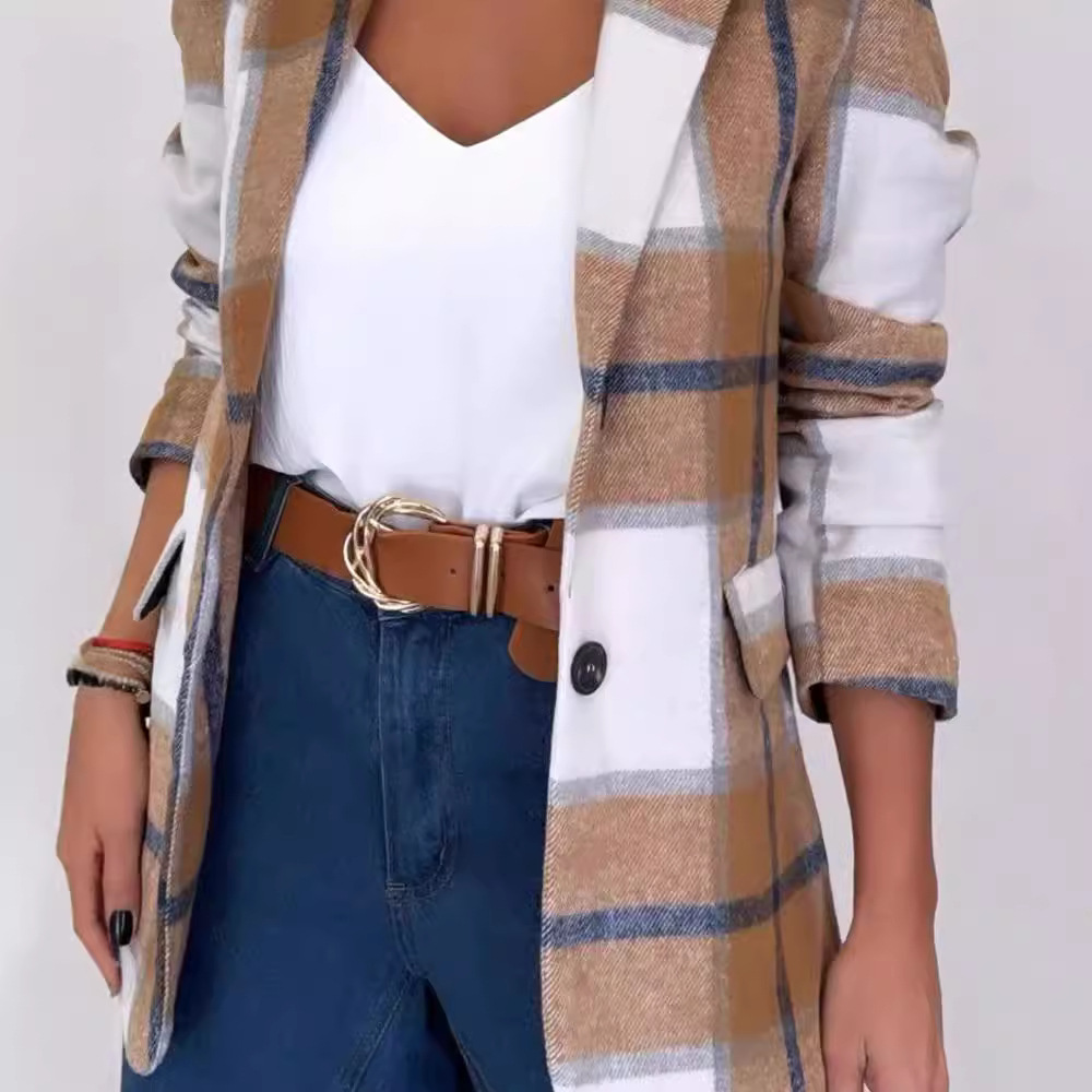 Women's Clothing autumn new simple and fashionable suit collar single breasted plaid woolen coat_voghion.com