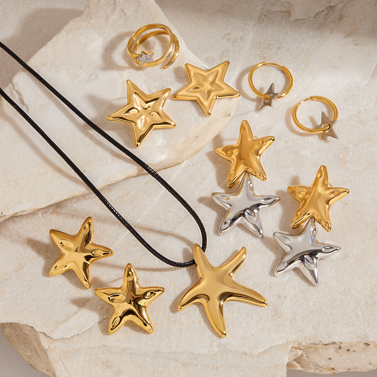 Jieding Europa y América Joyas de acero de titanio transfronterizas Collar de acero inoxidable Pendientes simples y de alta calidad Anillo de estrella de cinco puntas Rings