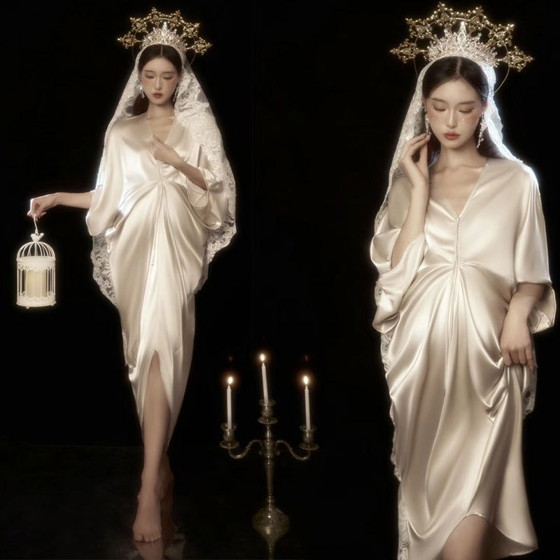 Pregnant women's Greek goddess theme champagne satin dress studio Pregnant mummy French retro artistic style photography clothing