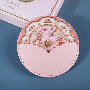National Style Handheld Makeup Mirror Pu Leather Packaging Bag Portable Mirror Anti-Fall and Anti-Collision Protective Leather Case Round Bag Customization