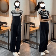 时尚套装女2024夏季新款时髦洋气条纹T恤吊带连体裤背带裤两件套