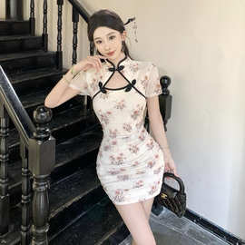 复古中国风改良旗袍款修身镂空盘扣碎花连衣裙女夏季收腰包臀短裙