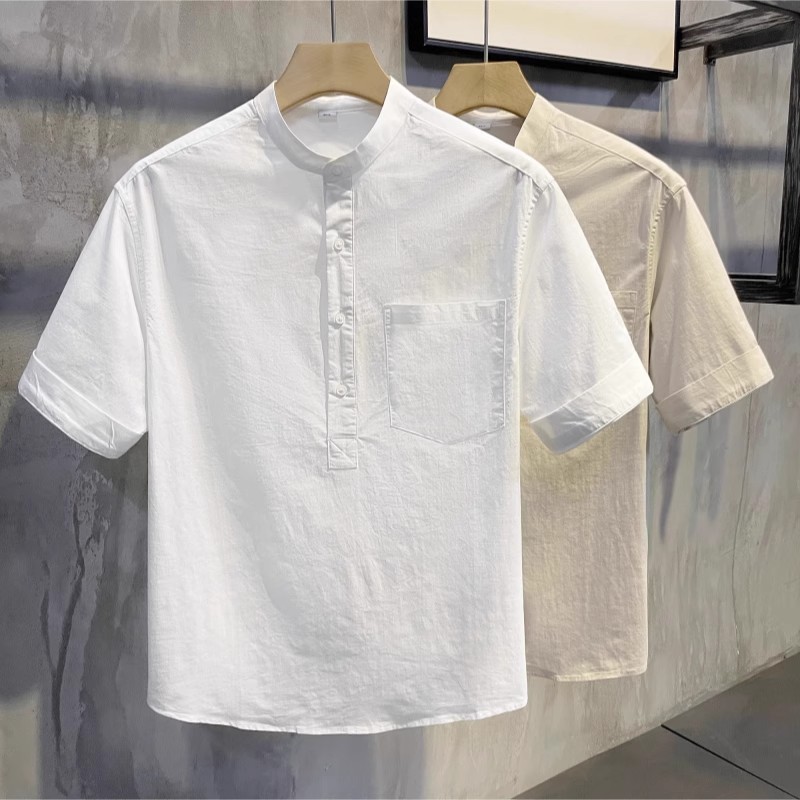 Summer Linen Style Shirt for Men, Quarter-Sleeve Chinese Style Short-Sleeve Shirt, Autumn Short-Sleeve Japanese Trendy Loose Shirt