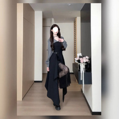 现货松本丧丧秋冬新款拼接衬衫裙蕾丝不对称长袖连衣裙BQ