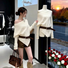 纯欲不规则斜肩蝙蝠袖毛衣针织衫女秋季设计感韩系慵懒上衣打底衫