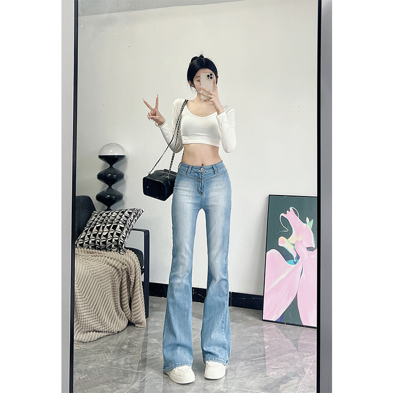 Spring and Autumn New Style High-Waisted Mid-Low Flared Jeans for Tall Women, Slim Fit, Extended Length, Floor-Length Bell-Bottom Pants, Trendy