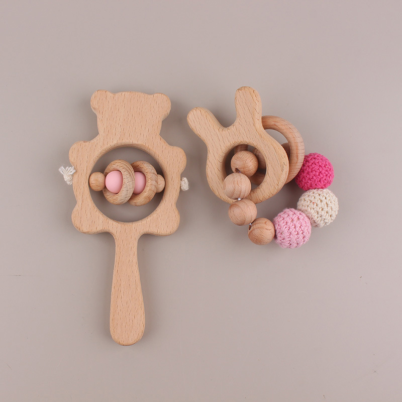 Beech Bear Bell Baby Molars Bracelet Handmade Beads Cartoon Handbell Juguetes para niños dos piezas