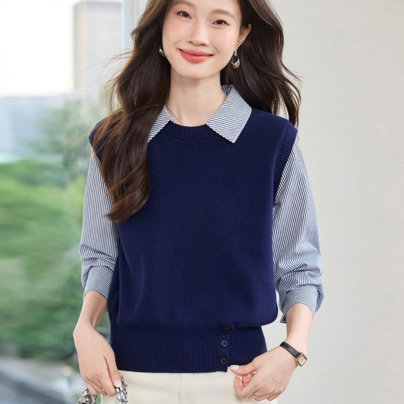 2025 Fake Two-Piece Striped Shirt with Knitted Sweater Top for Women, Spring and Autumn Casual Versatile High-End Layered Top