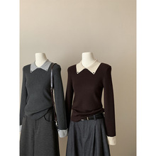 拼色小设计感 翻领厚羊毛针织衫女套头韩系冬季保暖撞色毛衣9819