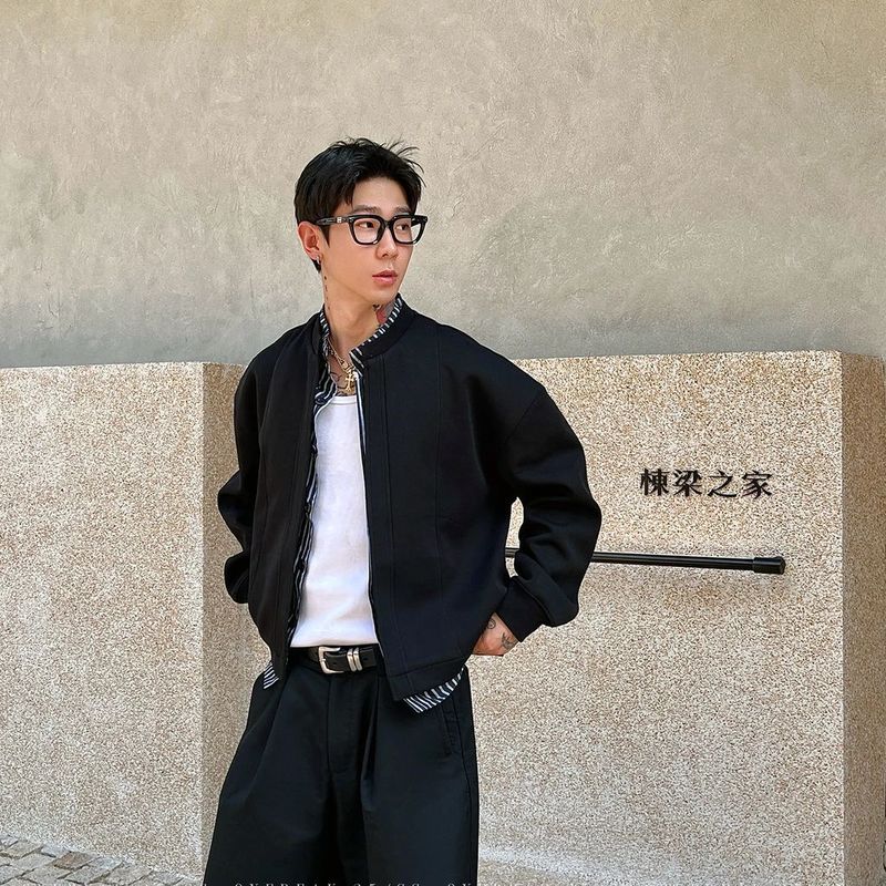 高品质设计感时尚百搭潮流简约內襟假两件夹克男短款宽松飞行外套|undefined