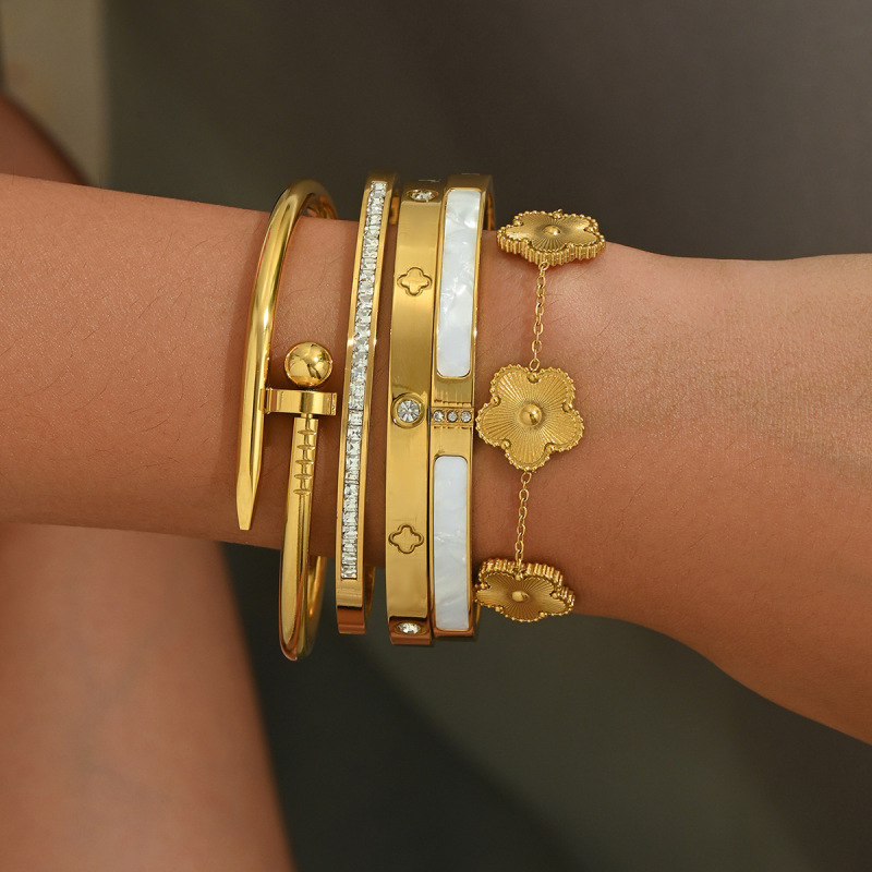 Cross-Border Stainless Steel Gold Bracelet Set with Diamond Nails Small Waist Four-Leaf Clover Bracelet Gold Bangles