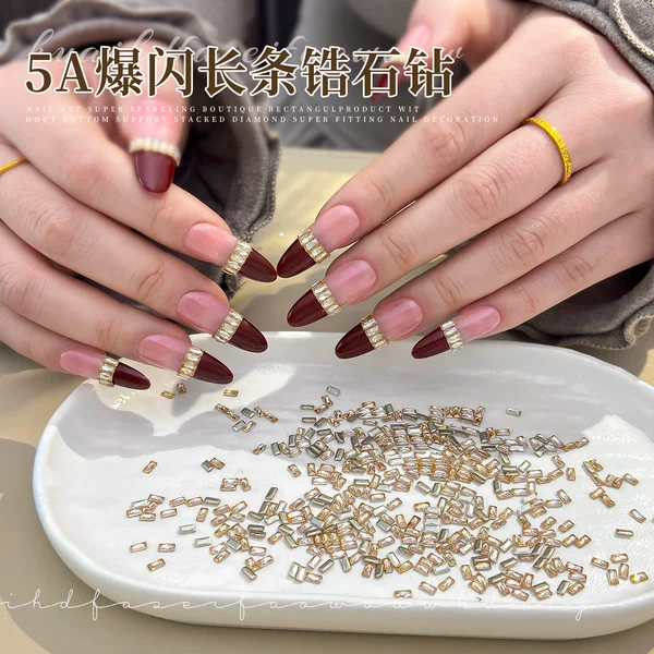 Faceted Square Zircon Flat-Back Nail Art Rhinestones, Sparkling Champagne Mini Long Strip-Shaped Rhinestones, DIY French Nail Art Decorations