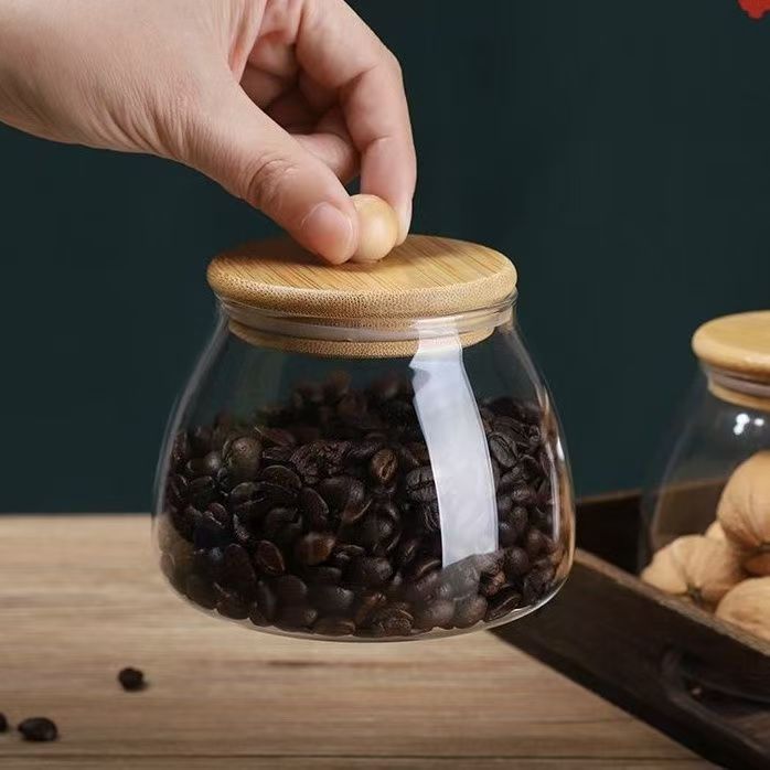 Inventario de bambú cubierta de madera de vidrio transparente lata de té sellado lata de condimento lata de almacenamiento pequeña botella de té negro